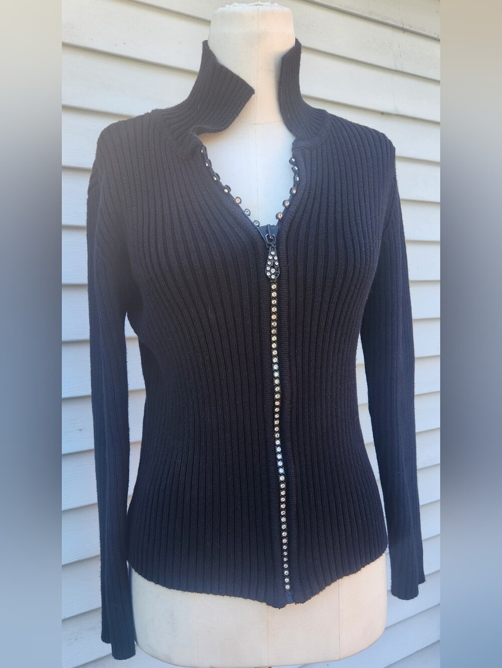 K*I*K*I*T Maurice Sasson Black L/S Full Zip Up Ribbed Cardigan Sweater Size S